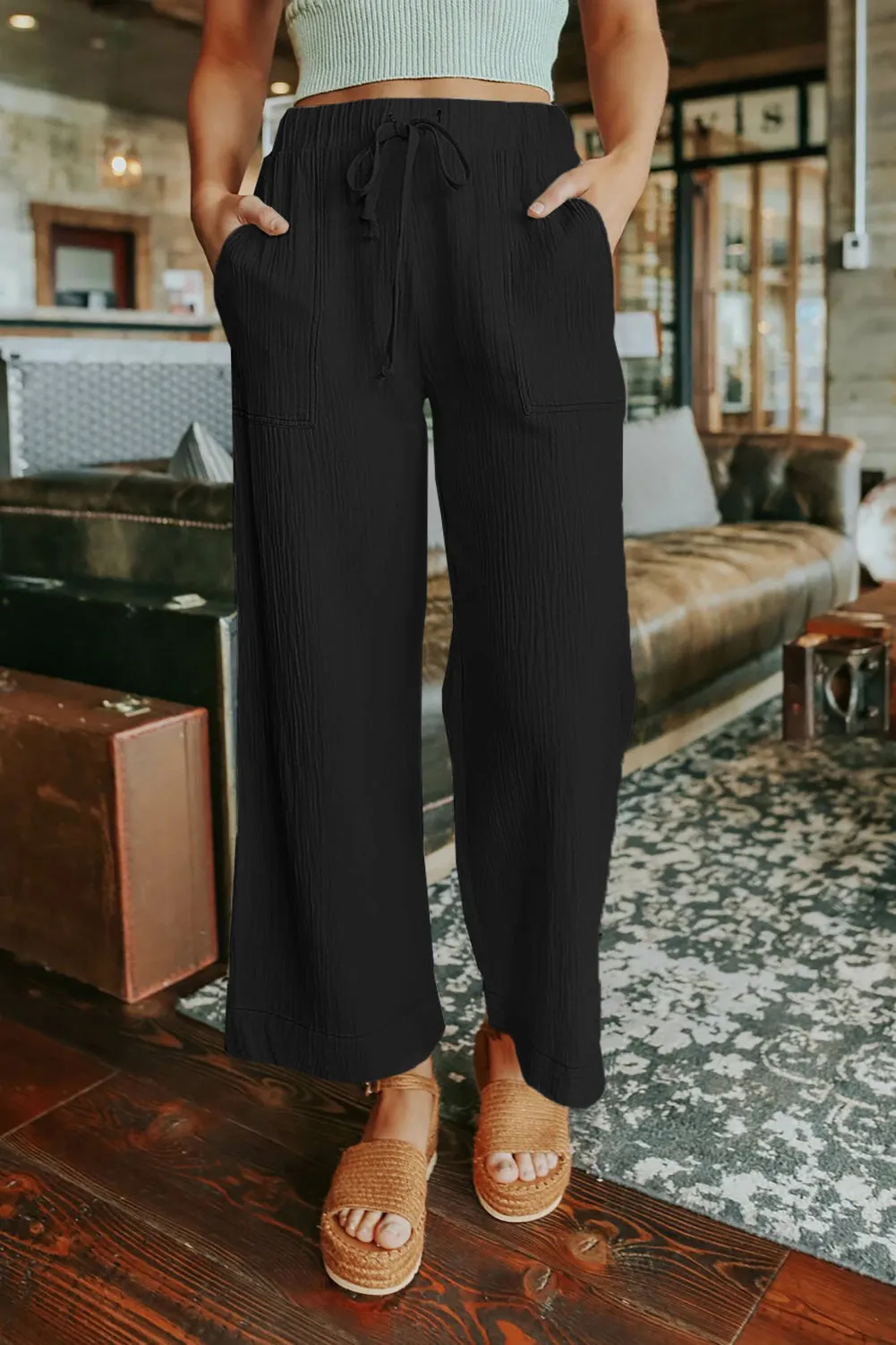 Adjustable Waist Khaki Wide Leg Trousers