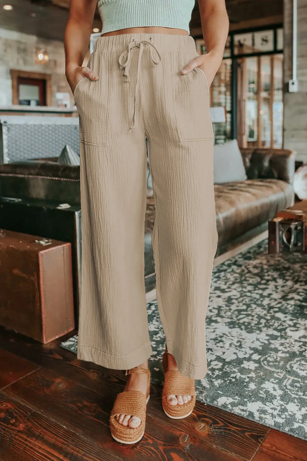 Adjustable Waist Khaki Wide Leg Trousers