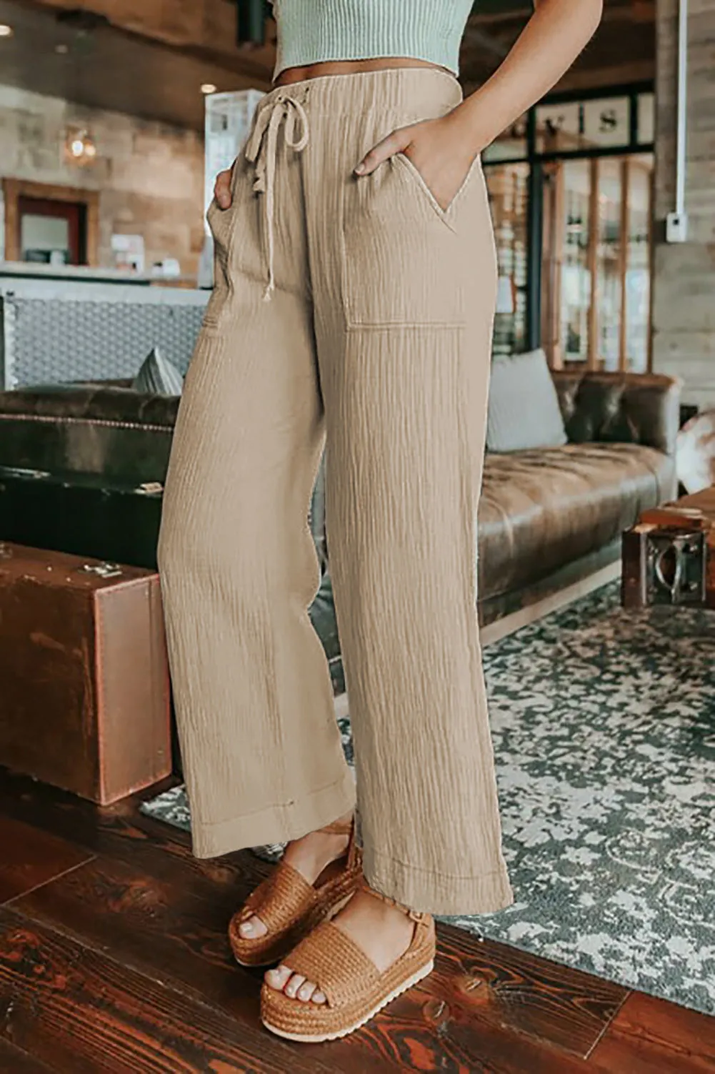 Adjustable Waist Khaki Wide Leg Trousers