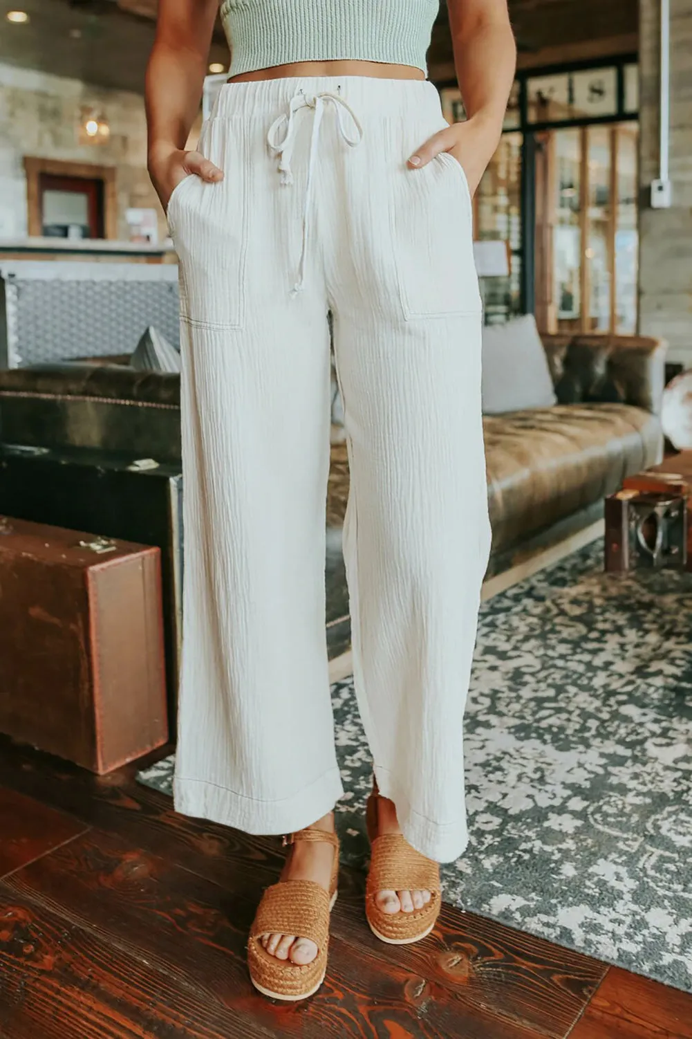 Adjustable Waist Khaki Wide Leg Trousers