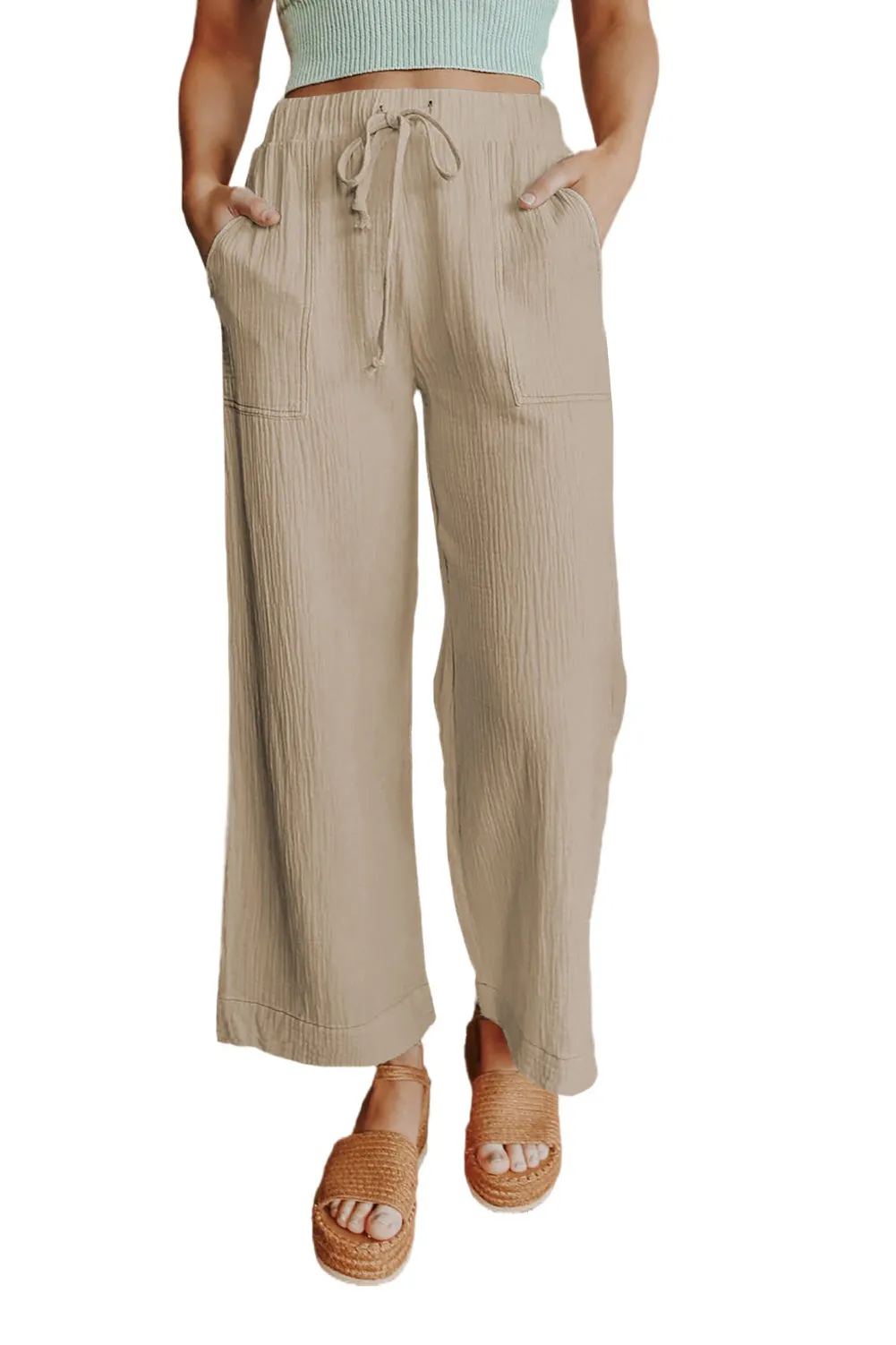 Adjustable Waist Khaki Wide Leg Trousers