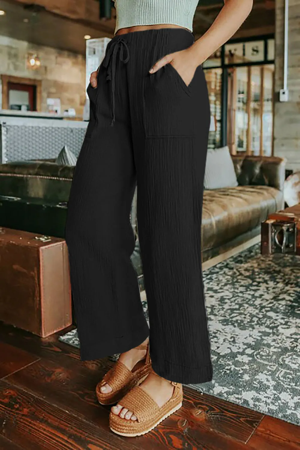 Adjustable Waist Khaki Wide Leg Trousers