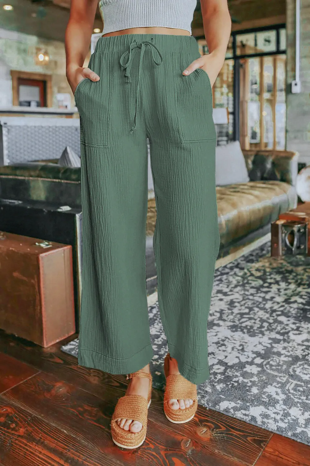 Adjustable Waist Khaki Wide Leg Trousers