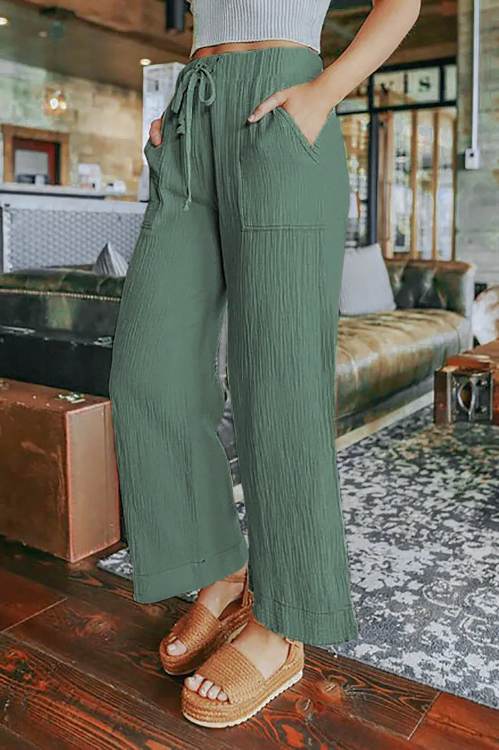 Adjustable Waist Khaki Wide Leg Trousers