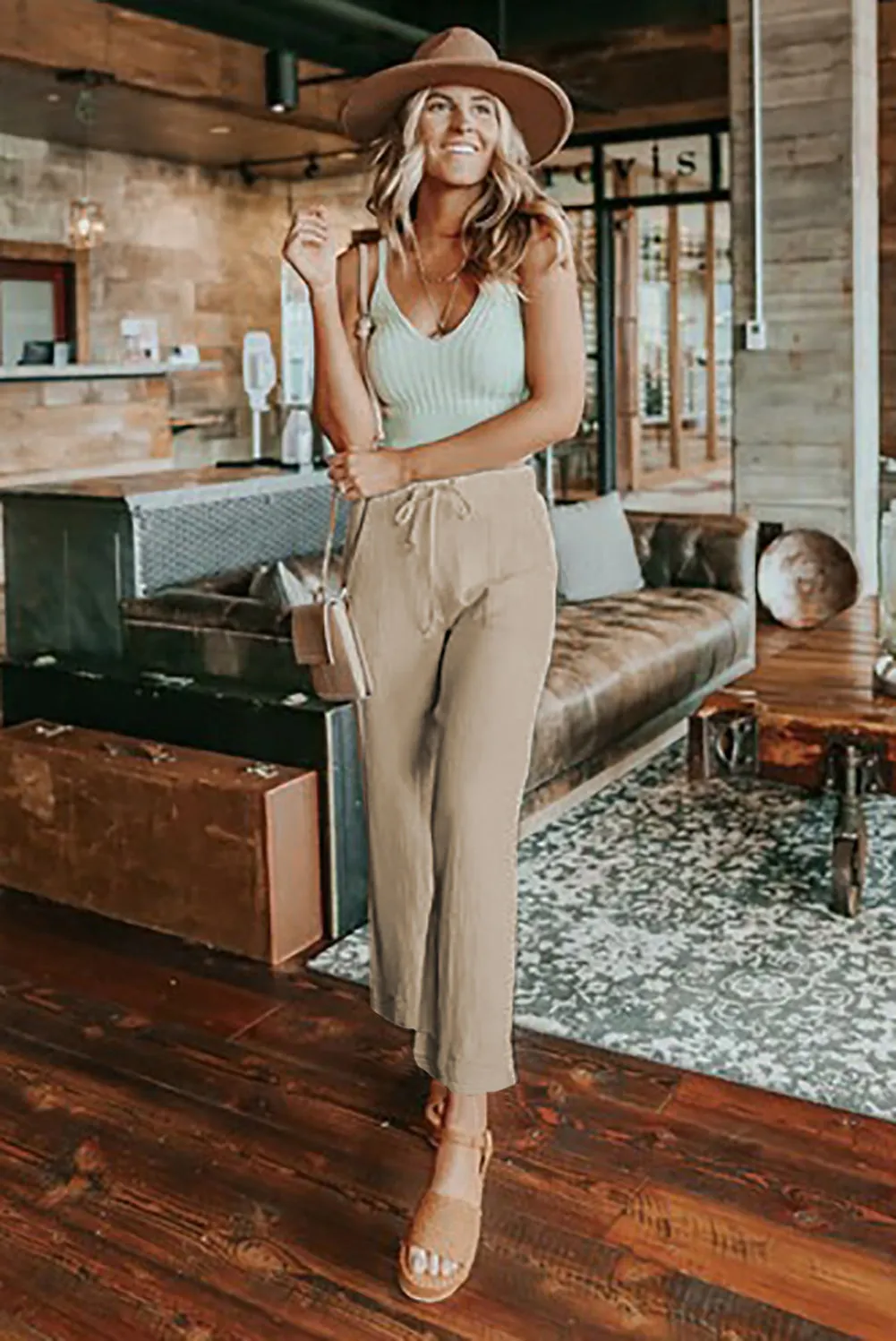 Adjustable Waist Khaki Wide Leg Trousers