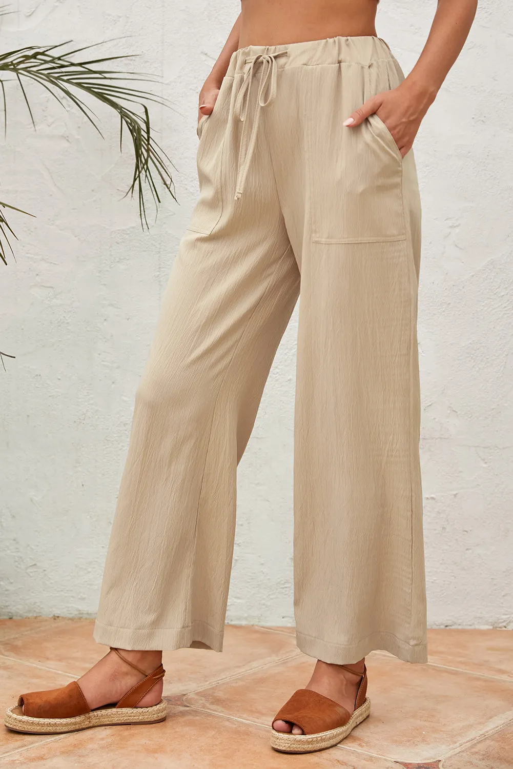 Adjustable Waist Khaki Wide Leg Trousers