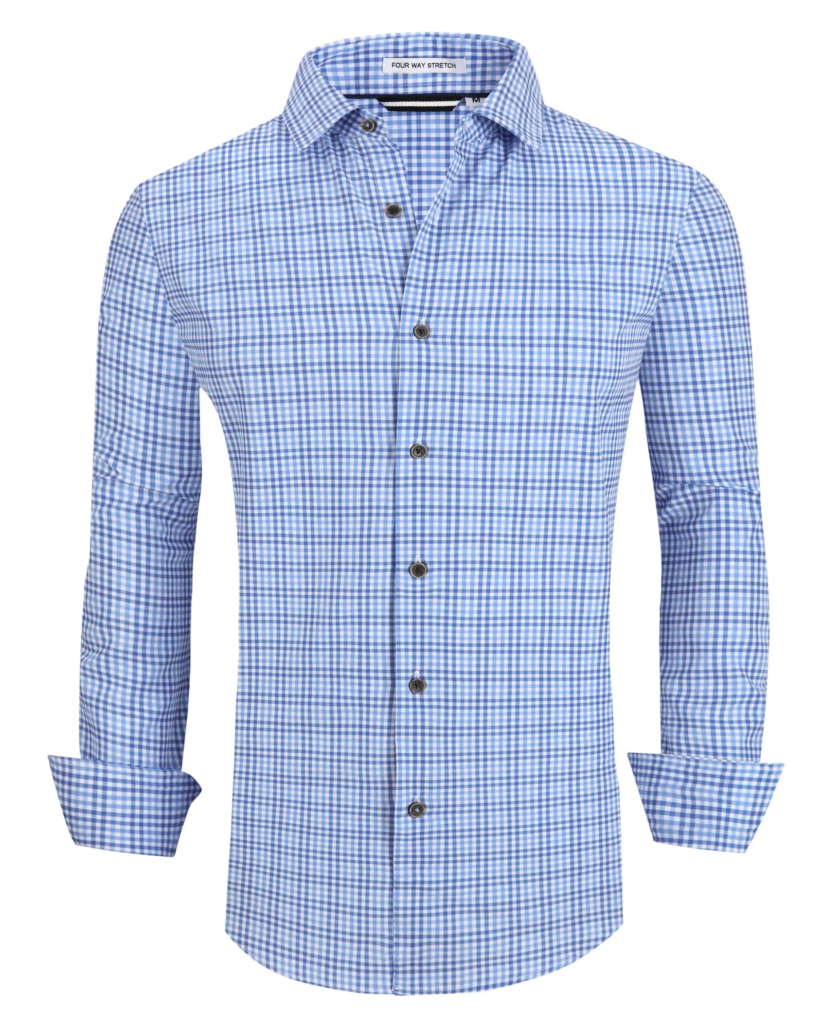 Alex Vando Mens Button Down Shirts Wrinkle Free 4-Way Stretch Print Business Casual Shirt,Blue Plaid,L