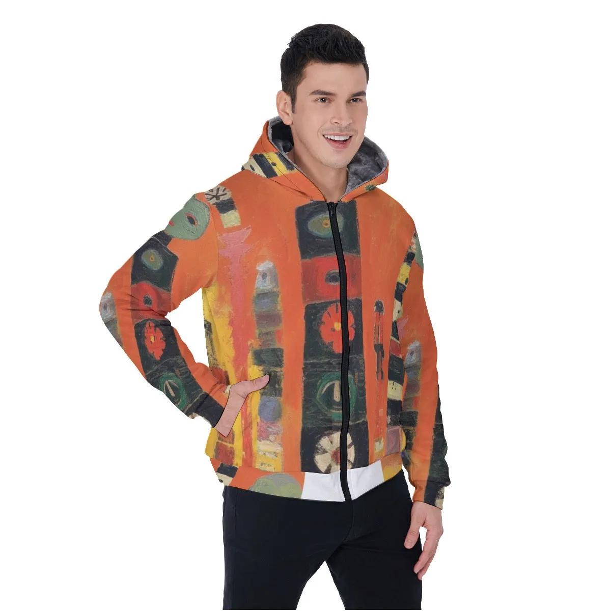 All-Over Print Men's Sherpa Fleece Zip Up Hoodie,orange abstract ddsign, # 25aa1