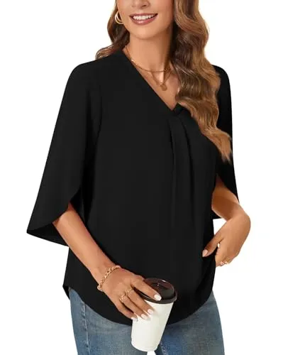 Aodemo Womens Summer 3/4 Sleeve Chiffon Blouse Dressy Top V-Neck Loose Tunic Casual Cute Work Shirt M, Green flowers