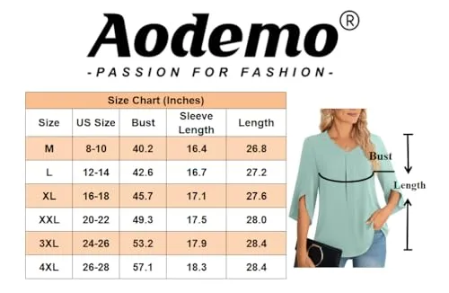 Aodemo Womens Summer 3/4 Sleeve Chiffon Blouse Dressy Top V-Neck Loose Tunic Casual Cute Work Shirt M, Green flowers