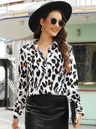 BBIBBI Animal Print Tops for Women Brown Blouses Dressy Long Sleeve Blouse Fashion Womens Work Leopard Cheetah Shirts Button Leopard Size S