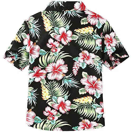 Big Girls Hawaiian Shirt, Kids Hawaiian Shirt, Button Down Luau Shirt for Kids Beach Tropical Shirt Floral Short Sleeve (X-Small, Black Red)