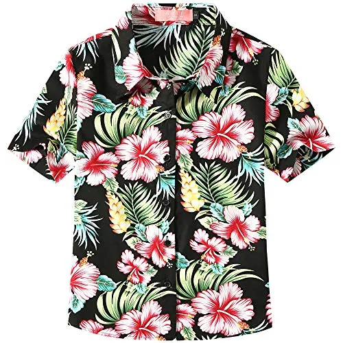 Big Girls Hawaiian Shirt, Kids Hawaiian Shirt, Button Down Luau Shirt for Kids Beach Tropical Shirt Floral Short Sleeve (X-Small, Black Red)