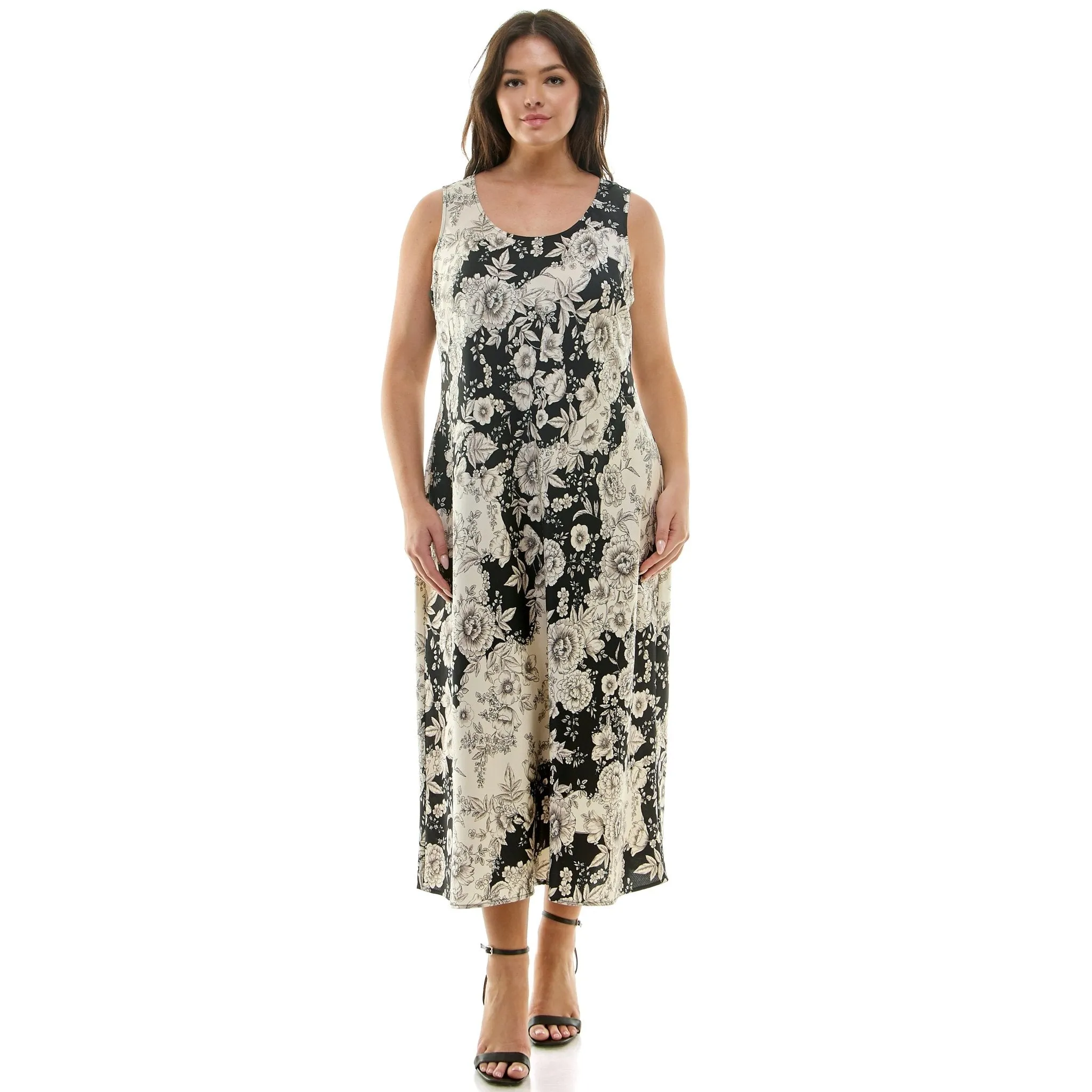 Black & Ivory Floral Sleeveless Midi Dress - Plus