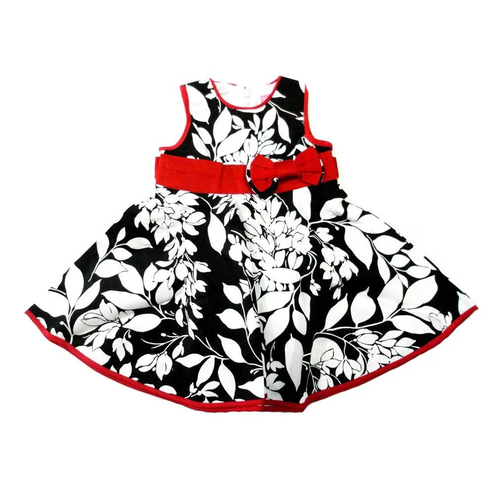 Black White Leaves Sleeveless Cotton Dress Girls S-XL