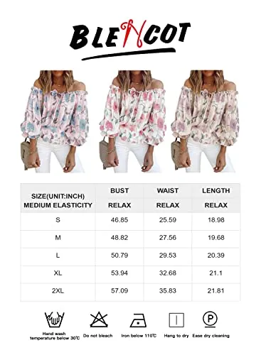 BLENCOT Summer Sexy Off Shoulder Tops for Women Boho Ruffle Sleeve Floral Chiffon Shirts Blouses Blue M