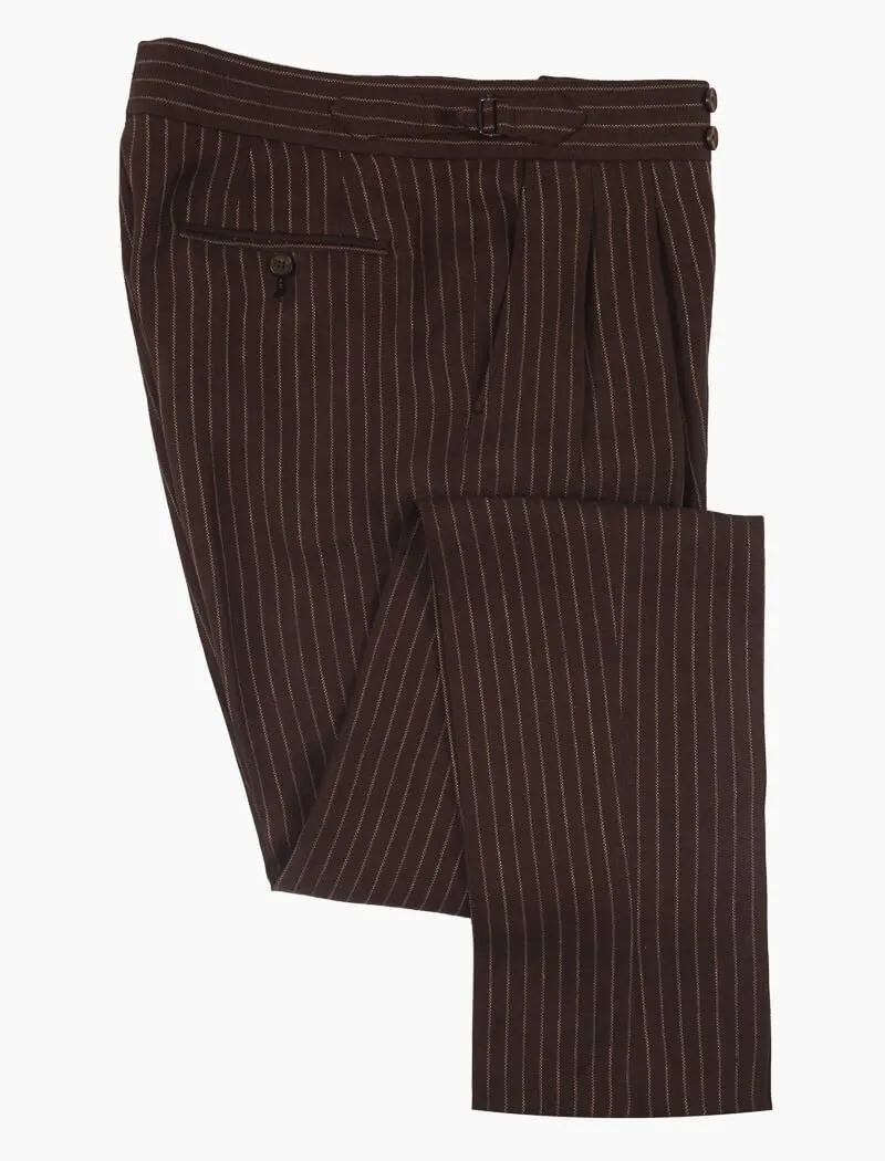 Brown Striped Cotton & Linen High Waisted Trousers