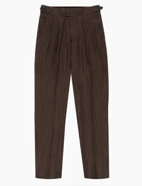 Brown Striped Cotton & Linen High Waisted Trousers