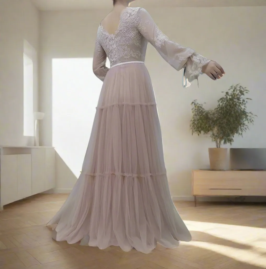 Chic V-neck Flowy Tulle Long Sleeves Floor Length Wedding Dress