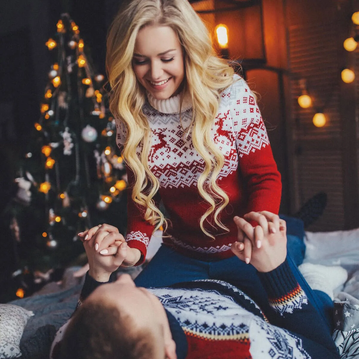 Cozy Red Nordic Fair Isle Reindeer Print Christmas Turtleneck Sweater