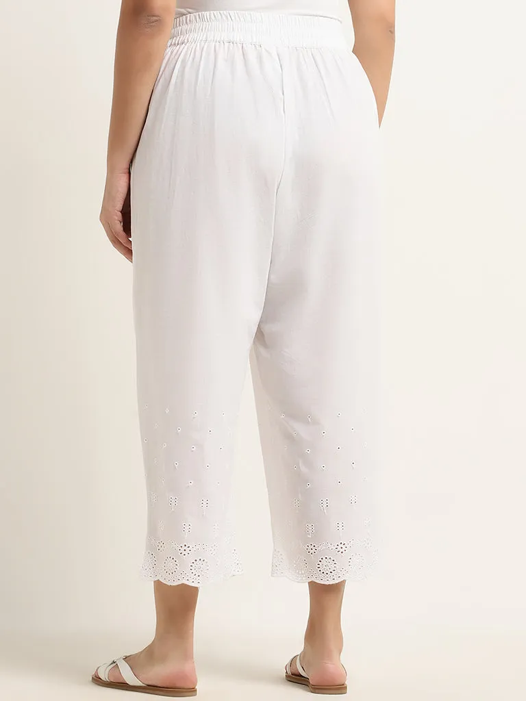 Diza White Schiffli Design High-Rise Cotton Ethnic Pants