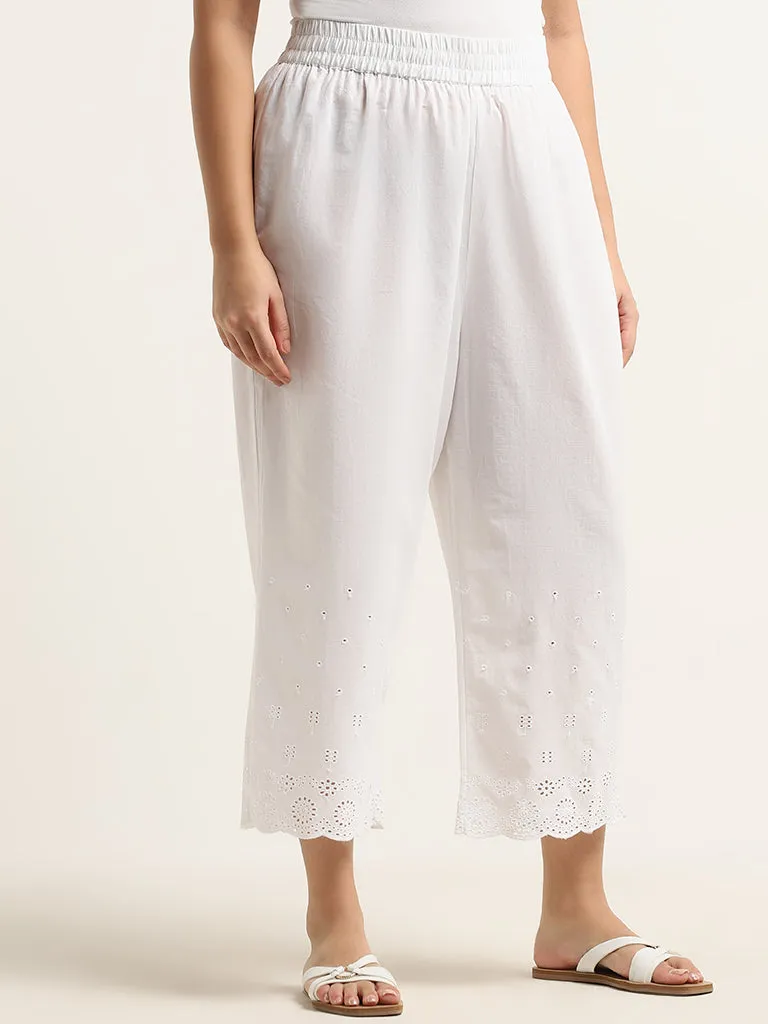 Diza White Schiffli Design High-Rise Cotton Ethnic Pants