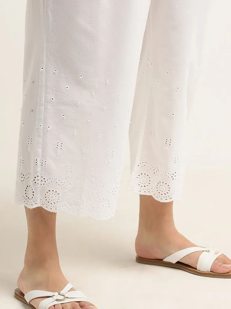 Diza White Schiffli Design High-Rise Cotton Ethnic Pants