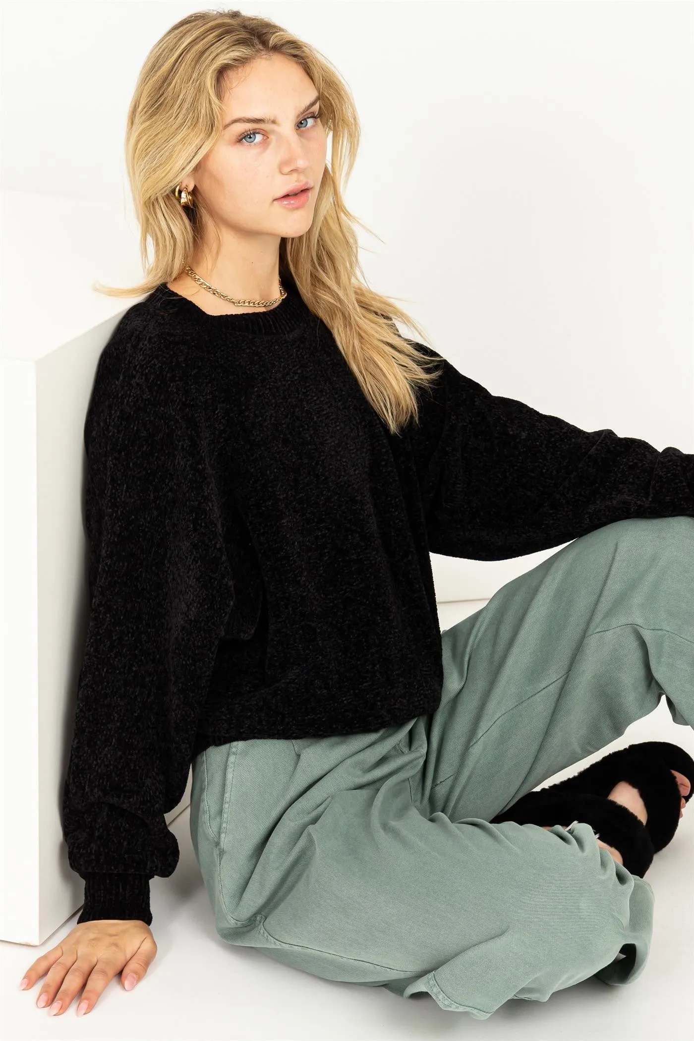 Drop Shoulder Cozy Sweater in Black