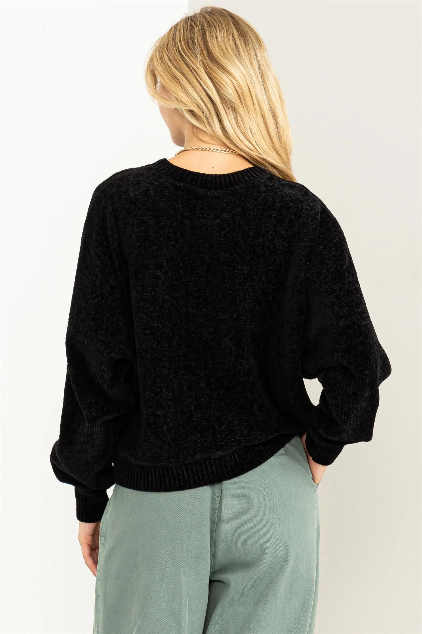 Drop Shoulder Cozy Sweater in Black