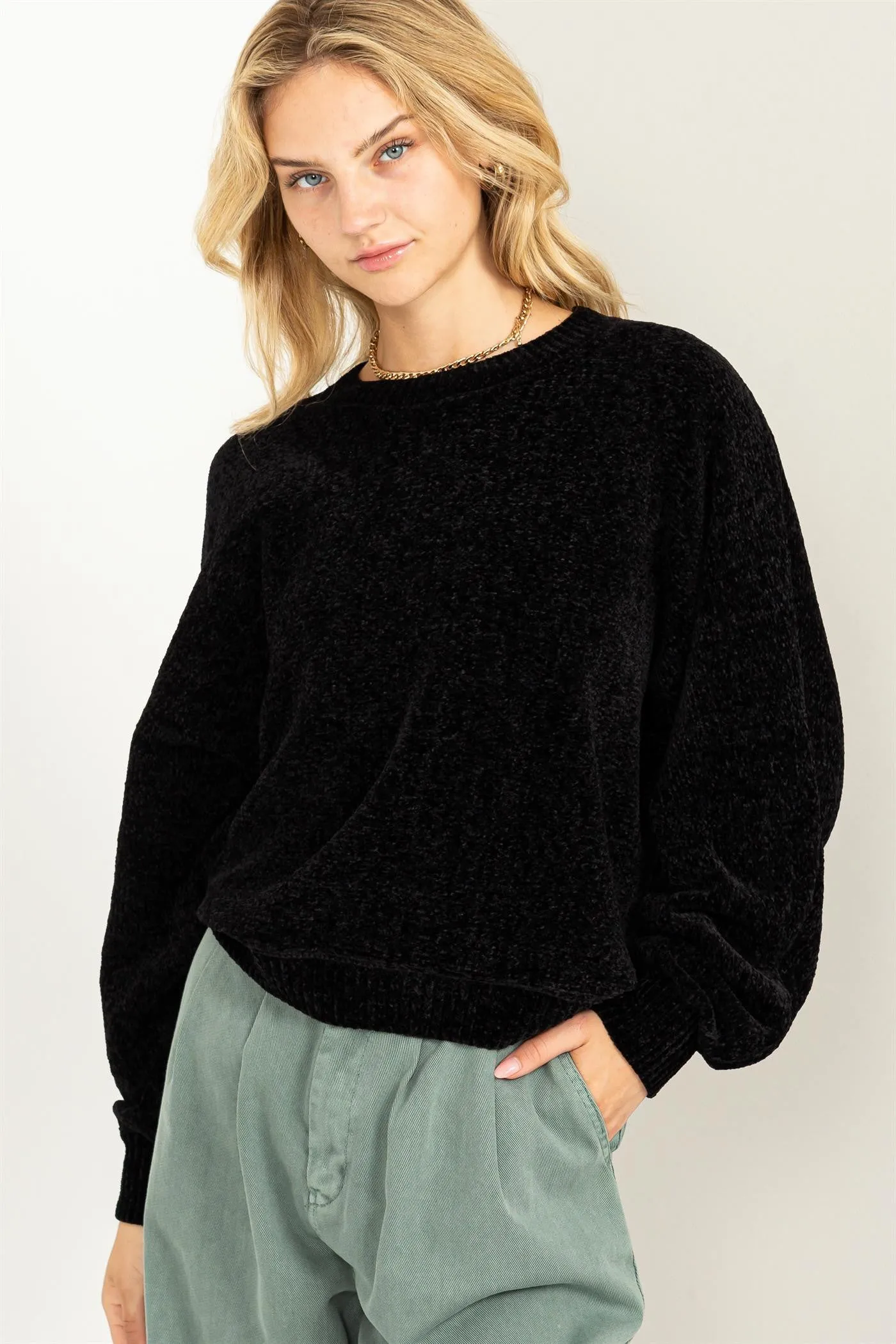 Drop Shoulder Cozy Sweater in Black