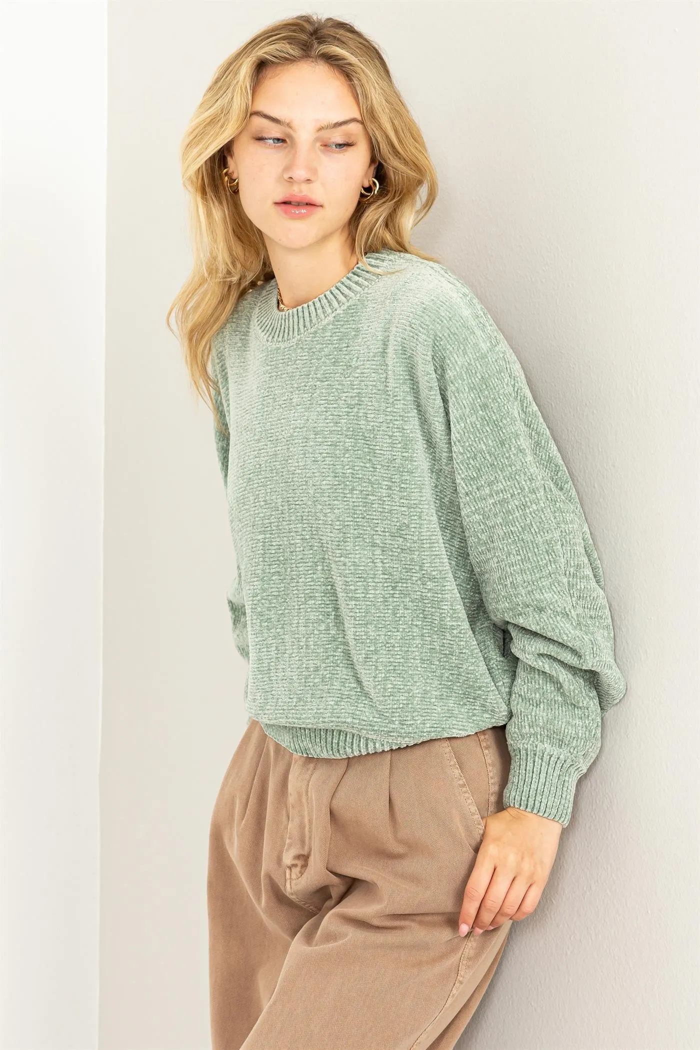 Drop Shoulder Cozy Sweater in Iceberg Green