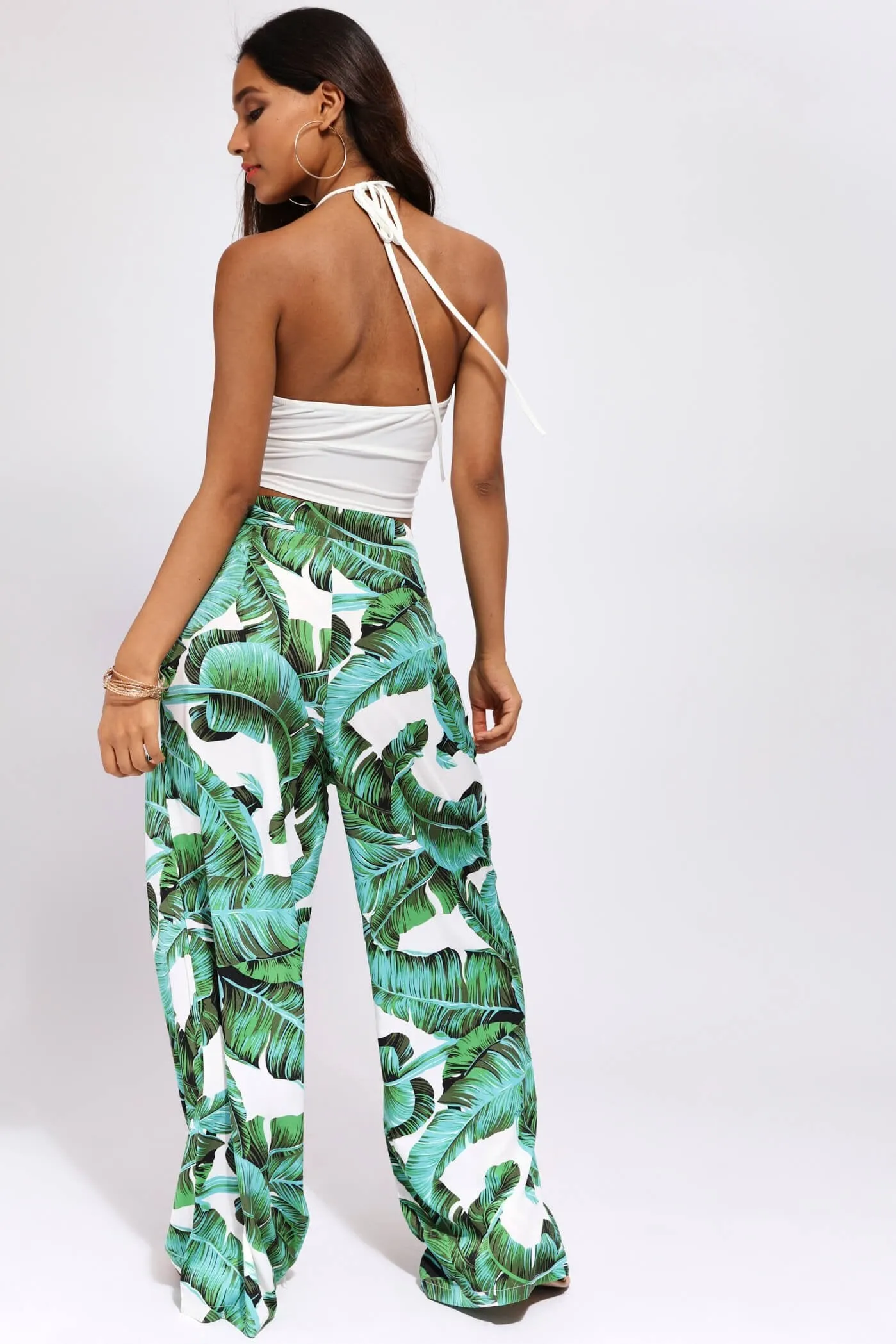 Green High Waisted Palm Palazzo Trousers