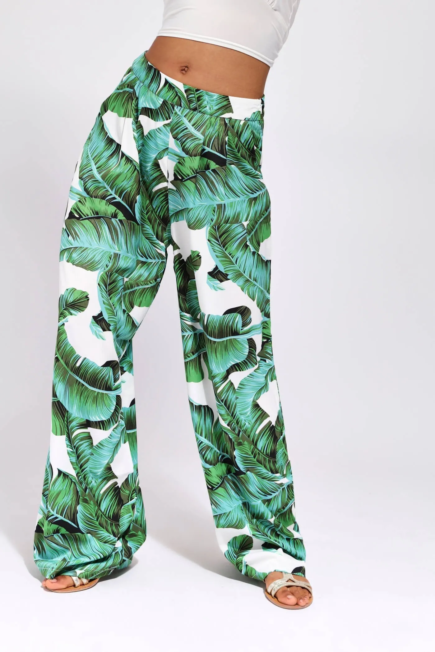 Green High Waisted Palm Palazzo Trousers