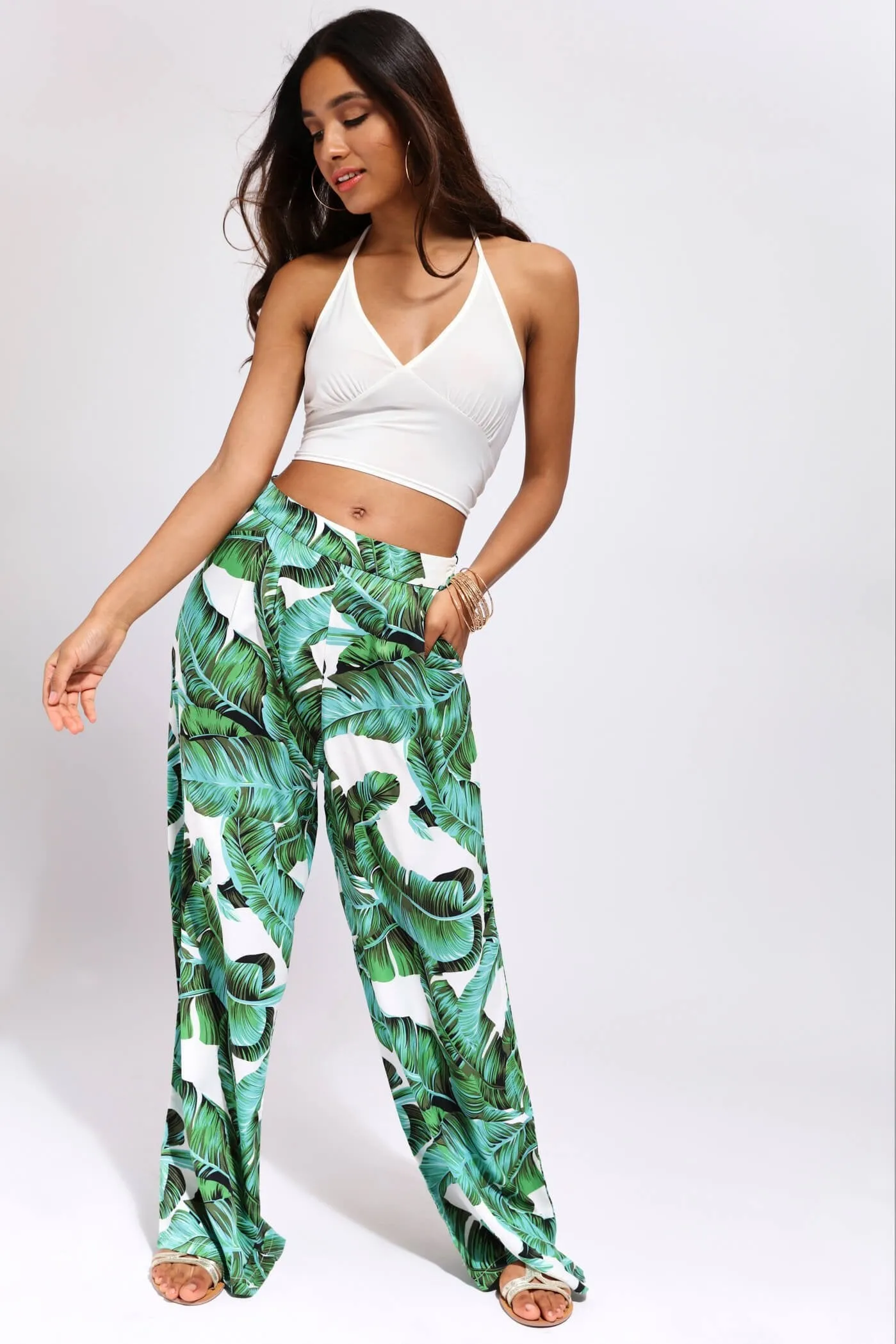 Green High Waisted Palm Palazzo Trousers