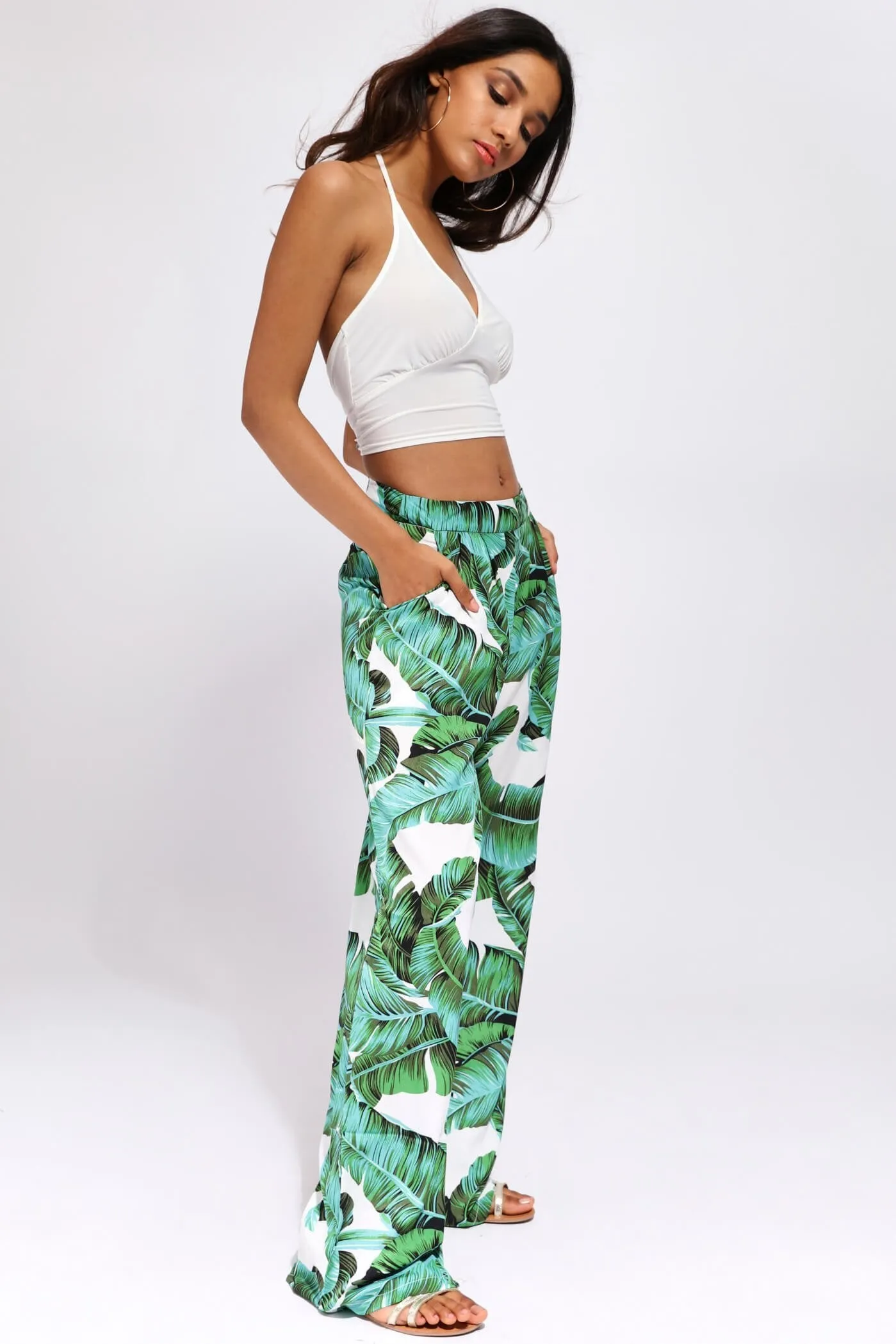 Green High Waisted Palm Palazzo Trousers