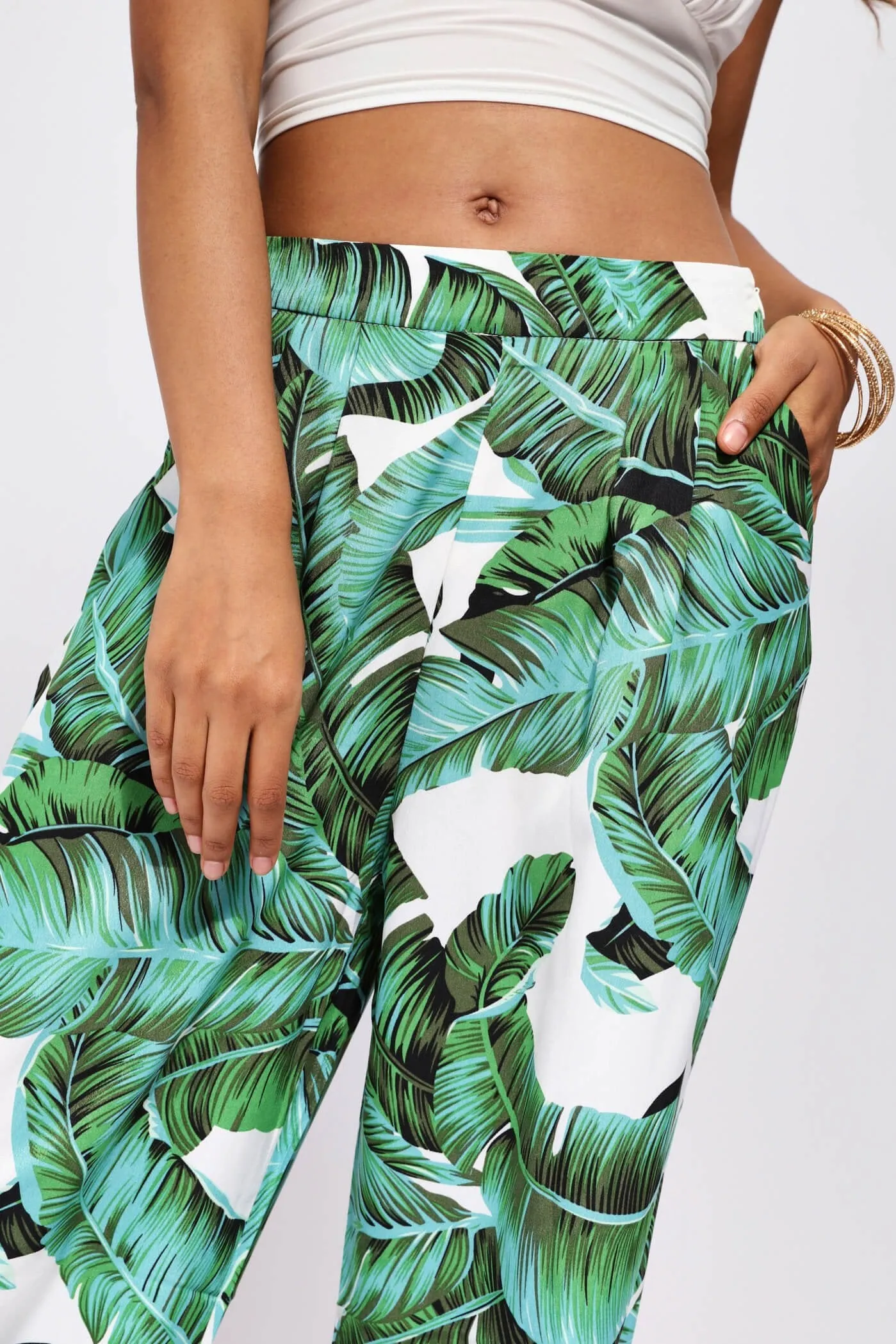 Green High Waisted Palm Palazzo Trousers