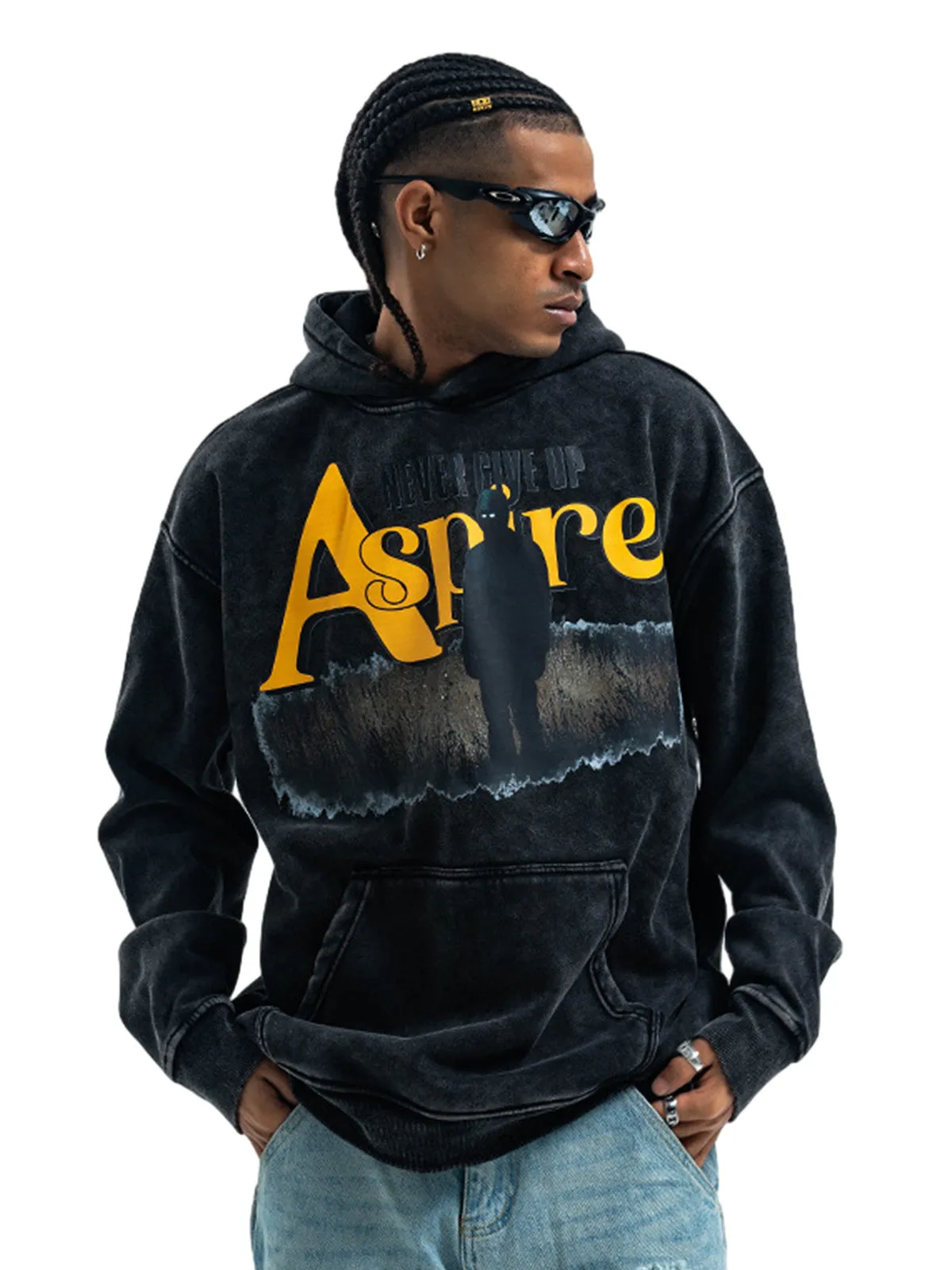 Heavy Washed Letter Portrait Print Fleece Hoodie