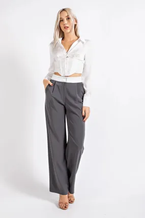 High Waisted Twill Trousers w/ Waist Contrast  CHARCOAL/WHT