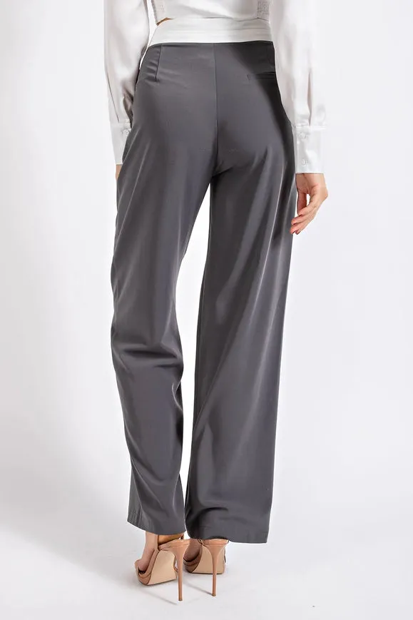 High Waisted Twill Trousers w/ Waist Contrast  CHARCOAL/WHT