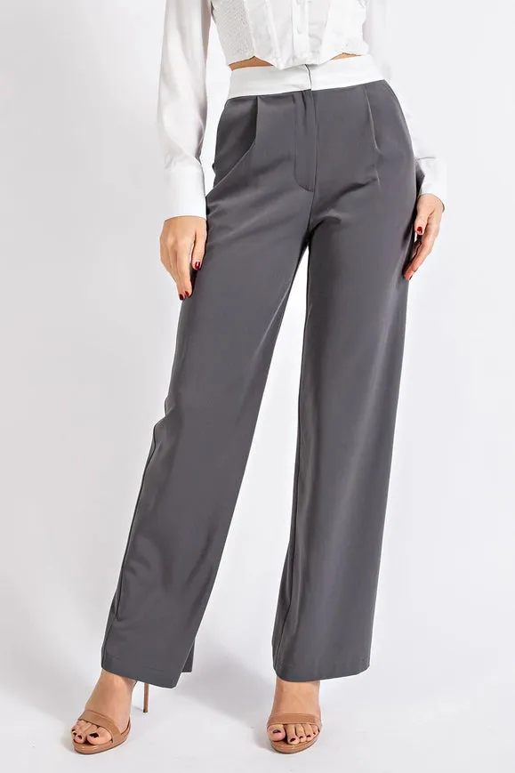 High Waisted Twill Trousers w/ Waist Contrast  CHARCOAL/WHT