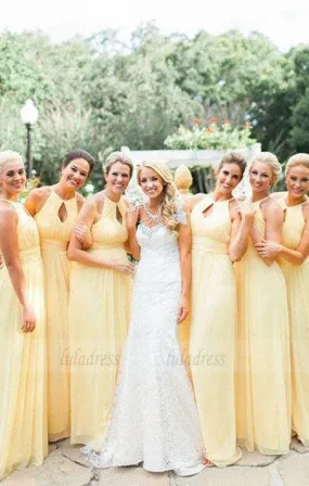 Keyhole Daffodil Pleated Chiffon Bridesmaid Dresses, Light Yellow Bridesmaid Dresses, Long Bridesmaid Dresses