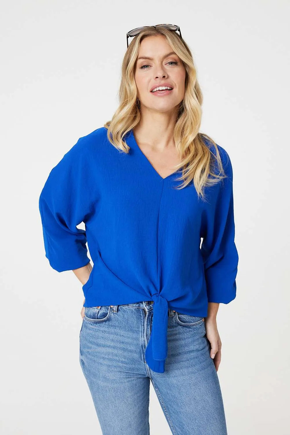 Knot Front Relaxed 3/4 Sleeve Blouse