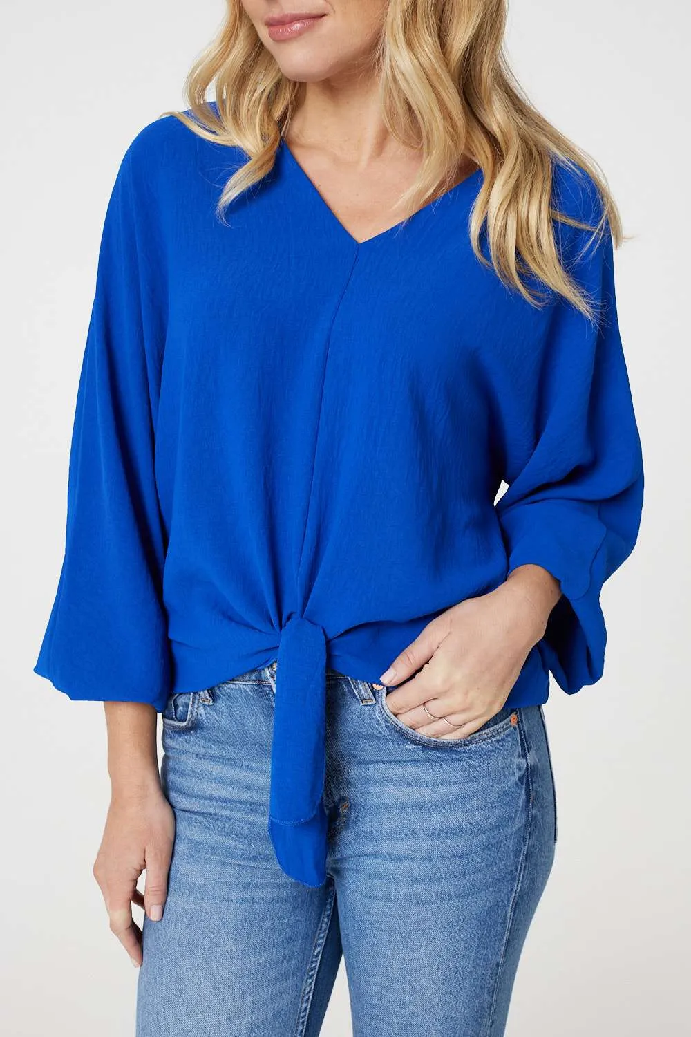 Knot Front Relaxed 3/4 Sleeve Blouse