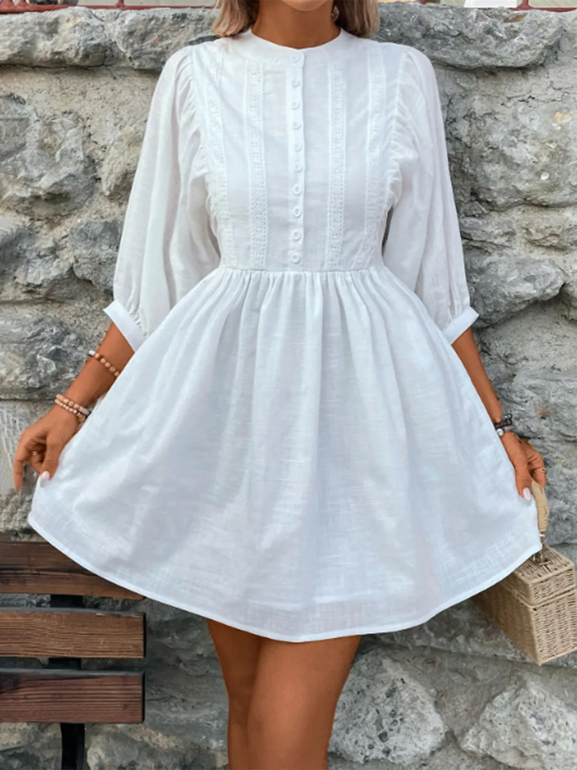 Lace Detail Half Button Three-Quarter Sleeve Dress