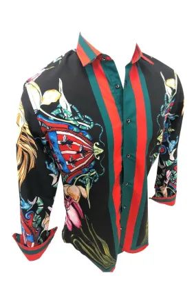 Men PREMIERE Long Sleeve Button Down Dress Shirt Black Red Green Stripe Lion Head