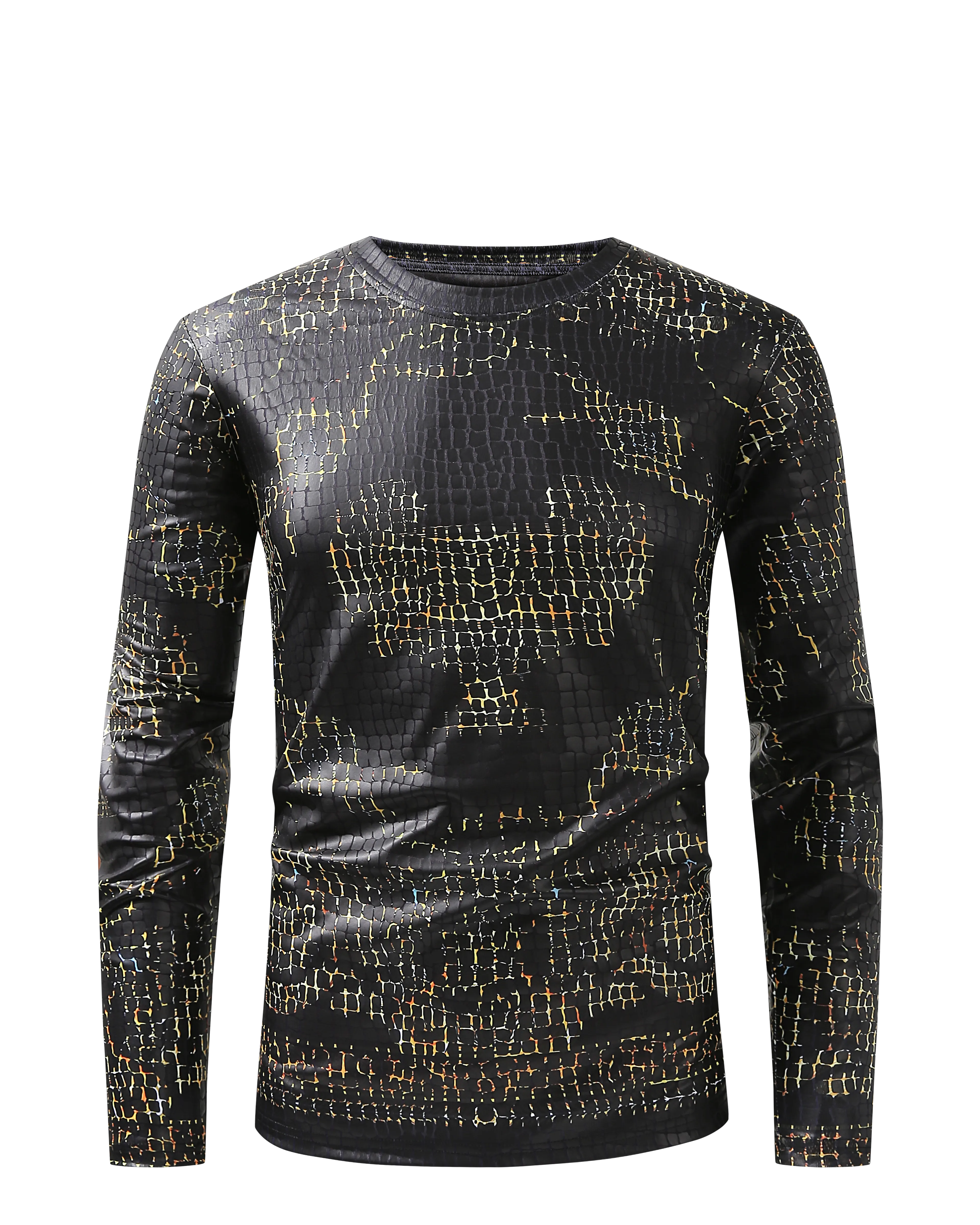 Men PREMIERE SLIM FIT Long Sleeve T SHIRT BLACK GOLD CHAIN CROCODILE REPTILE SKIN PRINT Designer Shirt