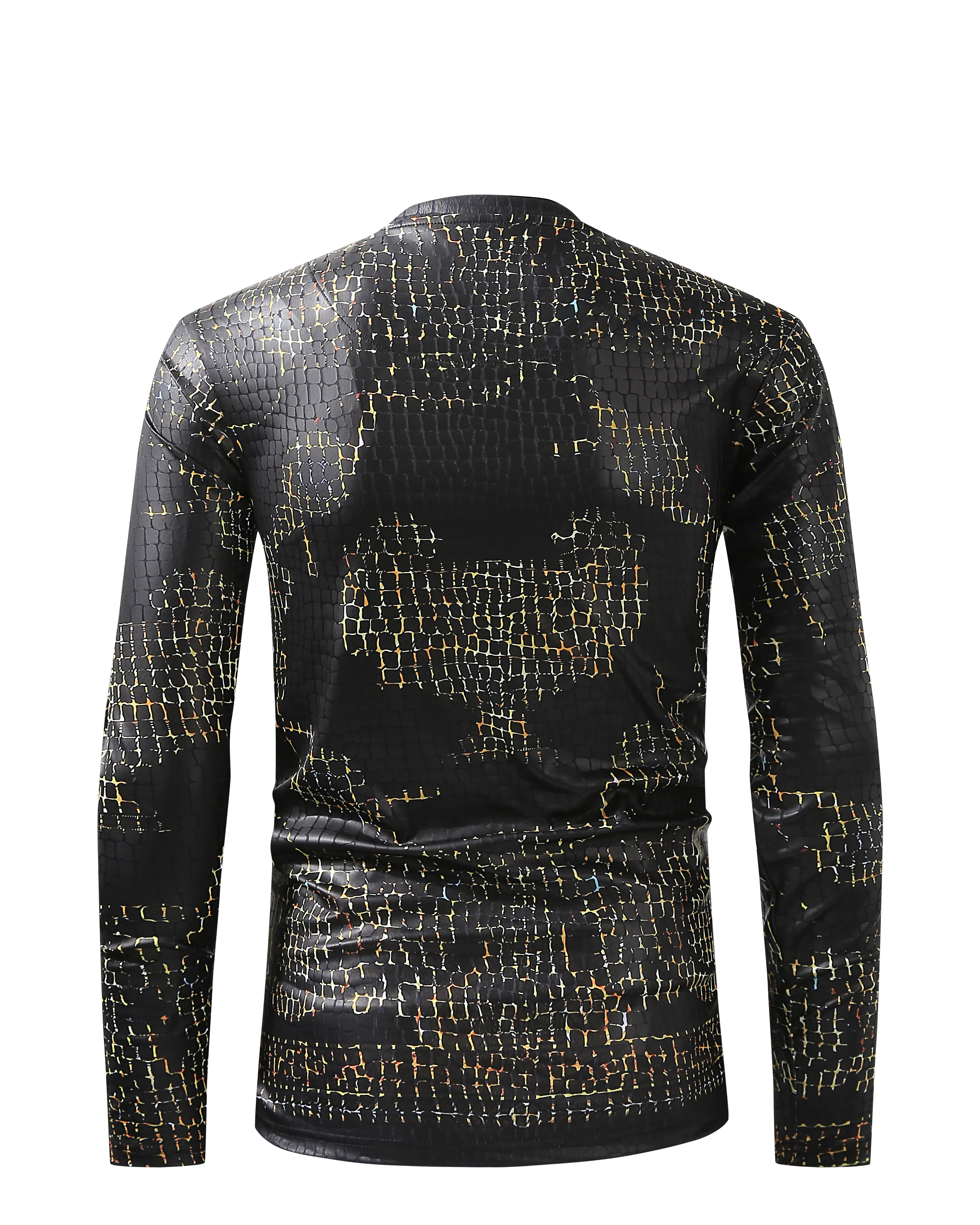 Men PREMIERE SLIM FIT Long Sleeve T SHIRT BLACK GOLD CHAIN CROCODILE REPTILE SKIN PRINT Designer Shirt