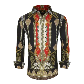 Men's PREMIERE Black White Red Pearl Spades Geometric Floral Tribal Design Long Sleeve Button Down Dress Shirt