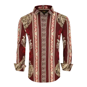 Men's PREMIERE Burgundy Red Gold Roaring Lion Long Sleeve Button Down Dress Shirt