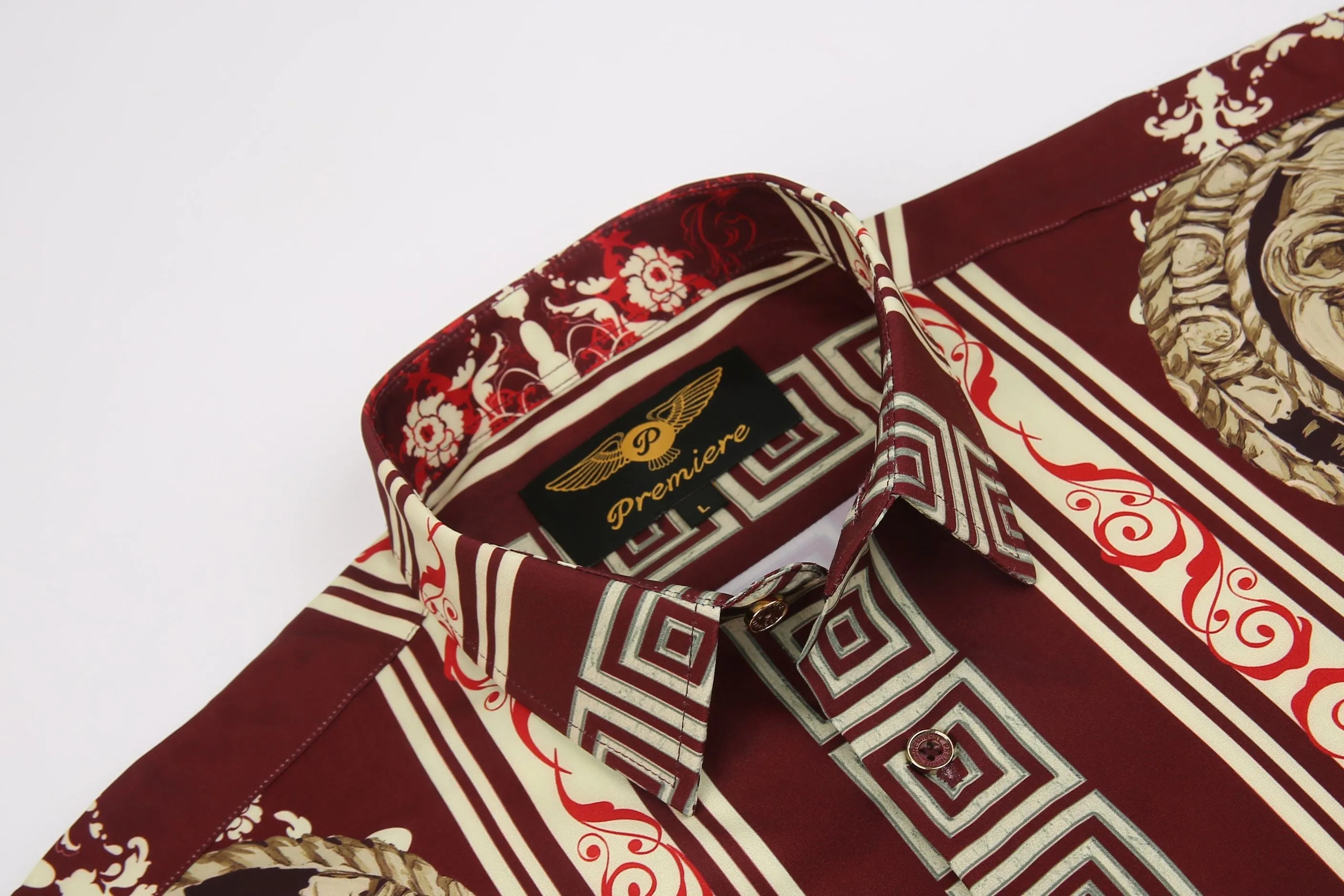 Men's PREMIERE Burgundy Red Gold Roaring Lion Long Sleeve Button Down Dress Shirt